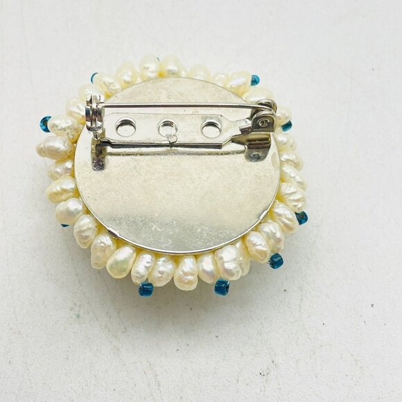 Freshwater Pearl Cluster Pin Teal Bead Accents Silver Tone Beach Coastal Islands - Picture 5 of 6